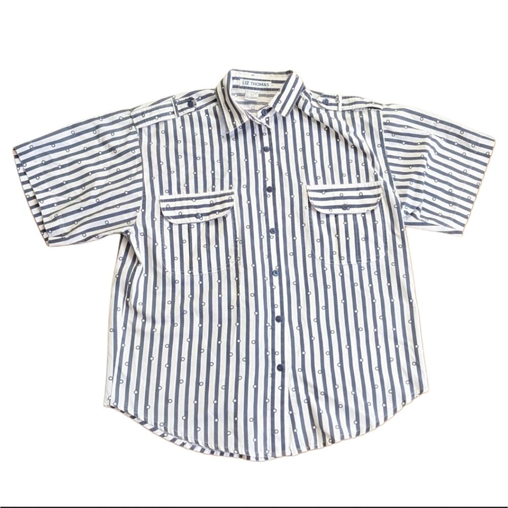 Vintage Liz Thomas Preppy Nautical Navy Stripes Button Down Summer Blouse Shirt